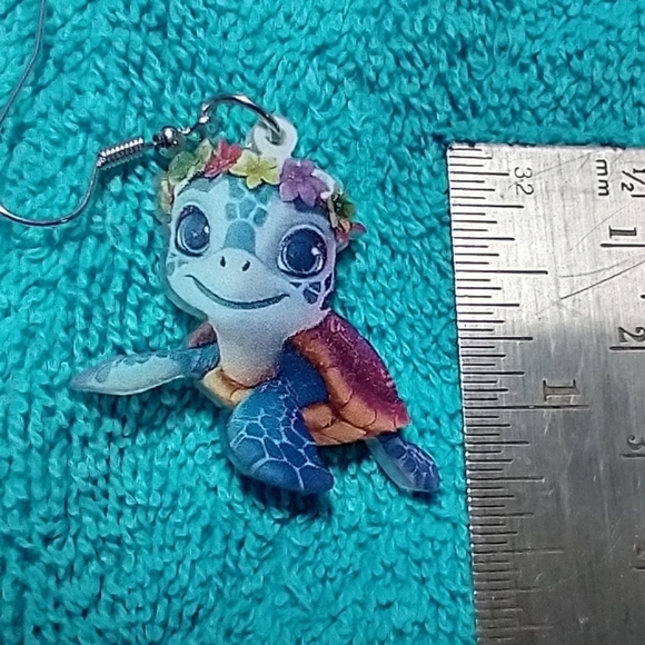 Cute colorful multicolor turtle with flowers wire dangle earrings - Picture 2 of 3